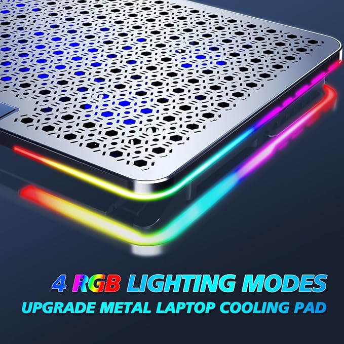LIANGSTAR Laptop Cooling Pad, Laptop Cooler Gaming 5 Quiet Fans with Large Metal Plate for 12-17.3 Inch Fan Stable Stand, 4 Modes RGB Light, 7 Height & Adjust Speed, 2 USB Port & Phone Holder