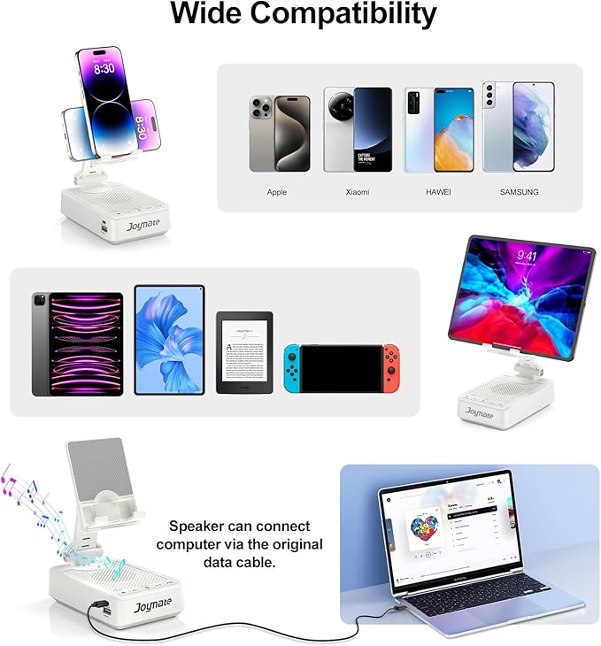 Gifts for Men Women, Bluetooth Speaker Phone Stand with Charging Function 360° Rotable Adjustable Cell Phone Holder HD Surround Sound for Desk Fits All Phones,Tablet (White)