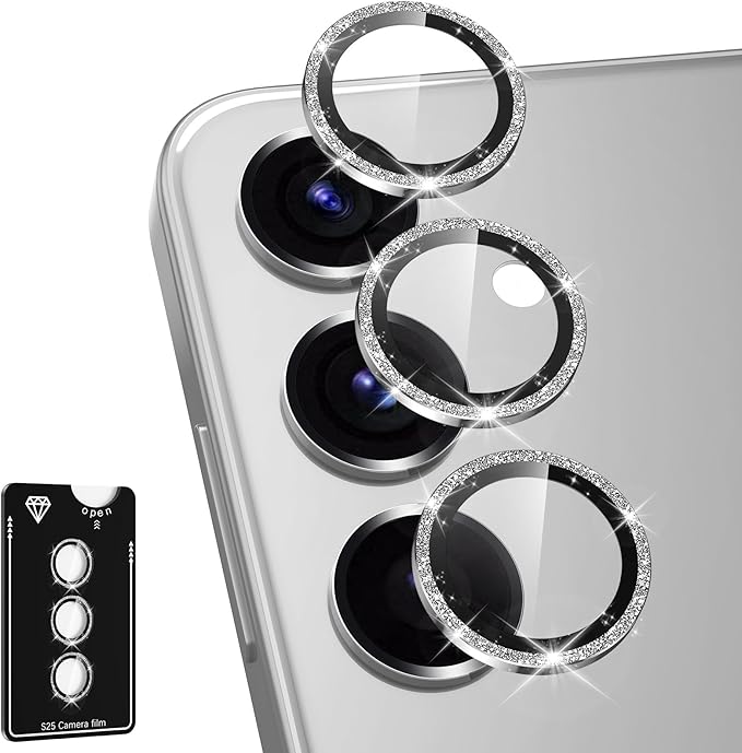 for Samsung Galaxy S25 Camera Lens Protector, Individual Metal Ring Tempered Glass Lens Cover, [Strong Adsorption] Scratch Resistant Ultra-Thin HD Clear Lens Cover, 1 Set-Silvery Sparkly