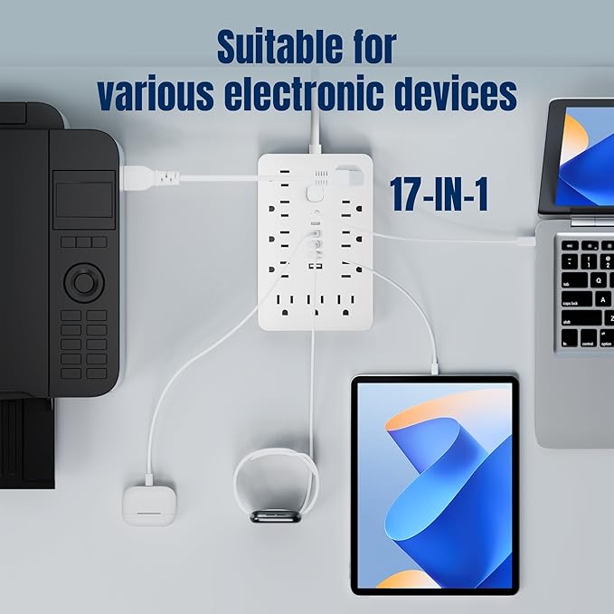 2 Pack 5 FT Flat Plug Surge Protector Power Strip,11 Multiple AC Outlets with 6 USB Ports (2 USB C), 5 Feet Extension Cord, 1250W/10A, One Touch Switch Button, 17 in 1 Compact powerstrip