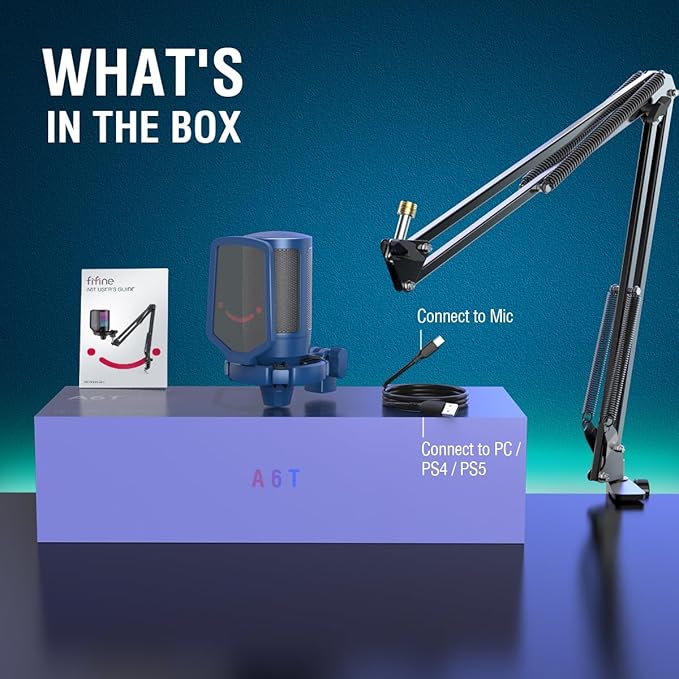 FIFINE USB Gaming Streaming Recording PC Microphone Kit, RGB Condenser Computer Mic Bundle for Podcasts, Audio, Vocal, Video on Mac/Desktop/Laptop, with Boom Arm Stand-A6T Blue