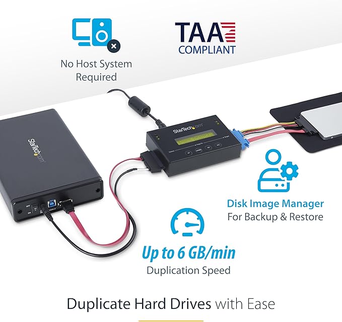StarTech.com 1:1 Standalone Hard Drive Duplicator with Disk Image Manager For Backup and Restore, Store Several Disk Images on one 2.5/3.5" SATA Drive, HDD/SSD Cloner, No PC Required, TAA