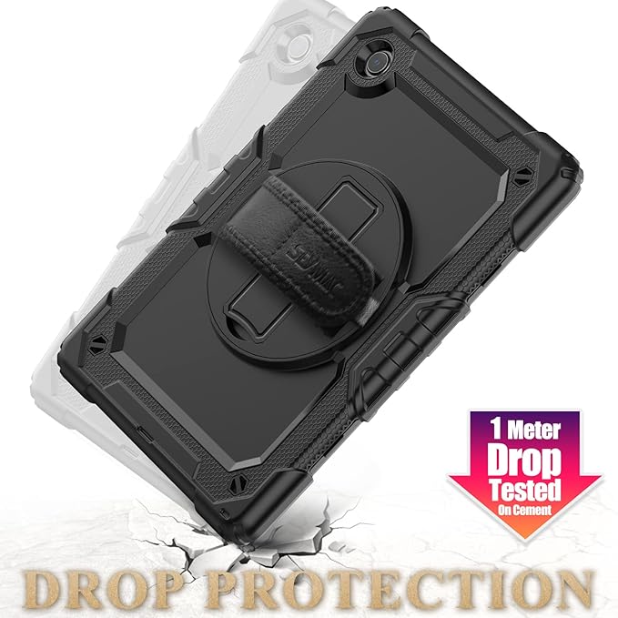 SEYMAC stock Case for Samsung Galaxy Tab A9 8.7'', Full-Body Drop Protection Case with Screen Protector Pencil Holder [360° Rotating Hand Strap] &Stand, Black