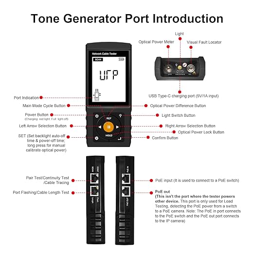 Rechargeable Digital Tone Cable Tester, WANLUTECH Tone Generator with Probe Support Optical Power Meter Visual Fault Locator PoE Test Cable Continuity Testing Port Flashing NCV (LT-300S)