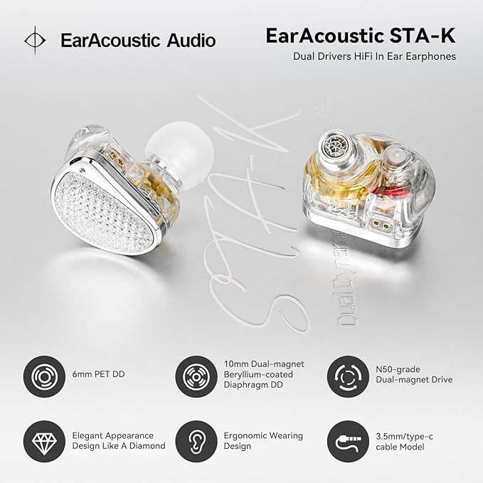 STA-K In Ear Monitor, EarAcoustic Audio HiFi Stereo Wired Earbuds, Hybrid Dual Drivers IEM Headphones, Crystal Clear Sound IEM Earphones with 2 Pin Cable for Musicians (With Microphone Usb, Silver)