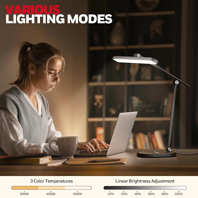 Honeywell Desk Lamp for Home Office, H4 Sunturalux™ Eye-Caring LED Desk Light, 700LM Dimmable Desk Lamp with Timer, Adjustable Desk Reading Light, Touch Auto Dimming Table Lamp for Study, Bedroom