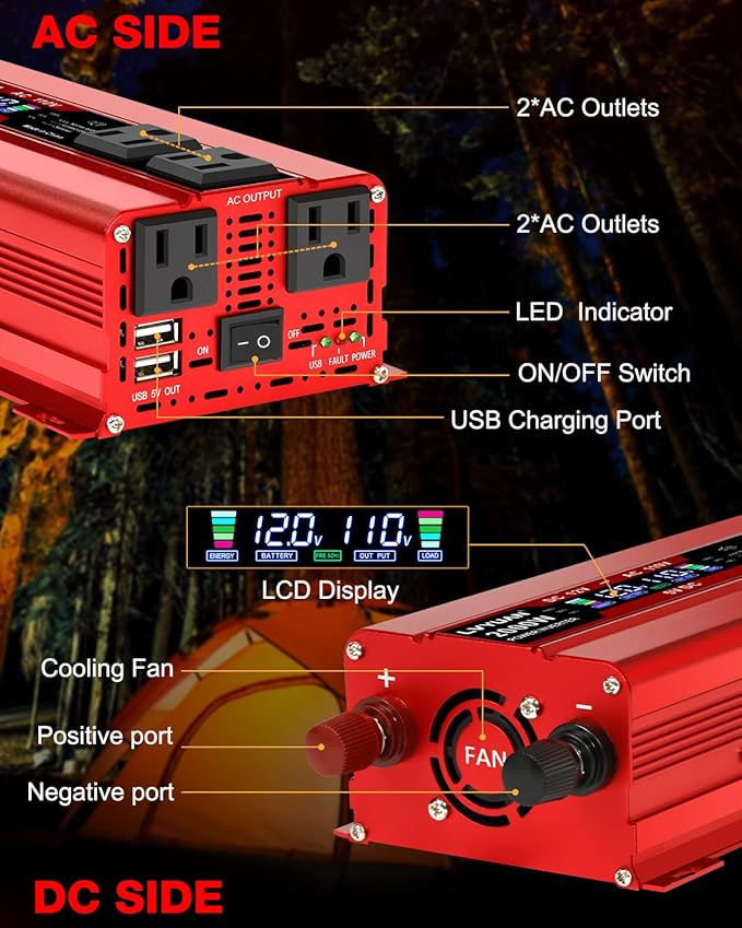 LVYUAN 1000W Car Power Inverter 12V to 110V DC to AC with 4 US Sockets, Cigarette Lighter, LCD Display, USB Ports for Car, Home,Outdoor, Camping