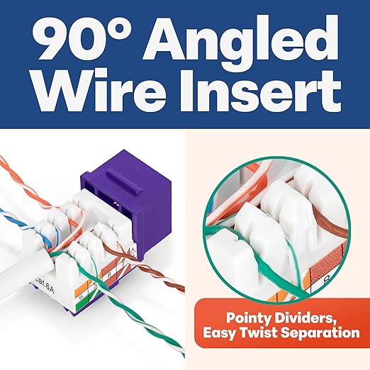 Everest 90° Angled RJ45 Cat6A Keystone Jacks 10-Pack in Purple - Slim Profile Female RJ45 Connectors - Cat 6A Keystone Jack - Compatible with 90° Angled Speed Termination Tool - easyJACK (B094WB91H3)