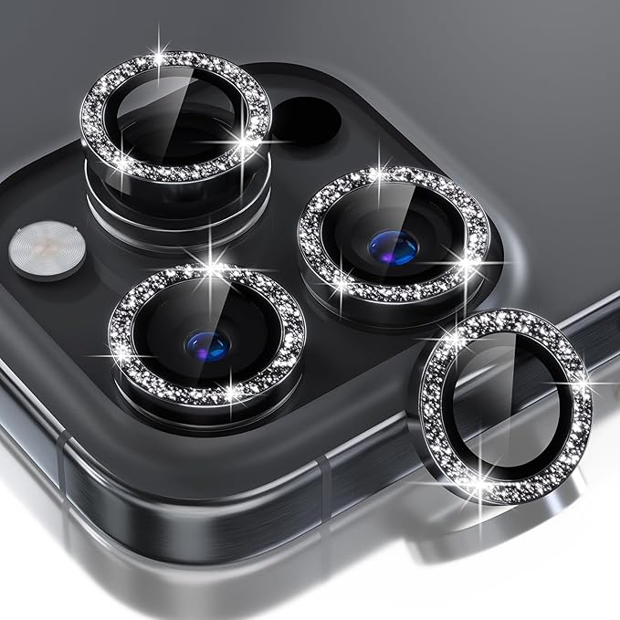 Choiche Compatible for iPhone 16 Pro/iPhone 16 Pro Max Camera Lens Protector Bling, 9H Tempered Glass Camera Cover Screen Protector Metal Ring Decoration Accessories (Glitter-Black)