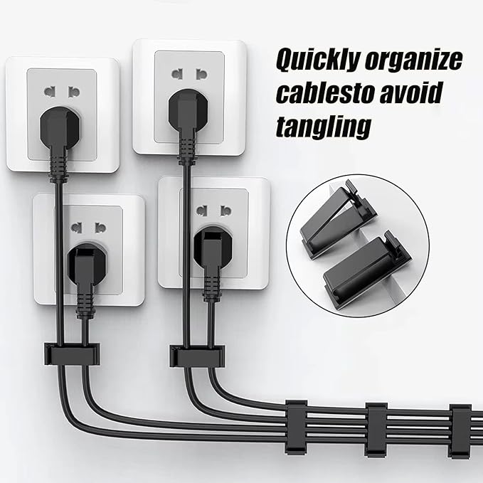 Adhesive Cable Clips Holder, Outdoor Light Clips, Black Cord Wire Clips, Sturdy Nylon Cord Wall Finisher Wire Clamp for Home, Car, Office Desk Wire Management (Black, L-100 PCS)