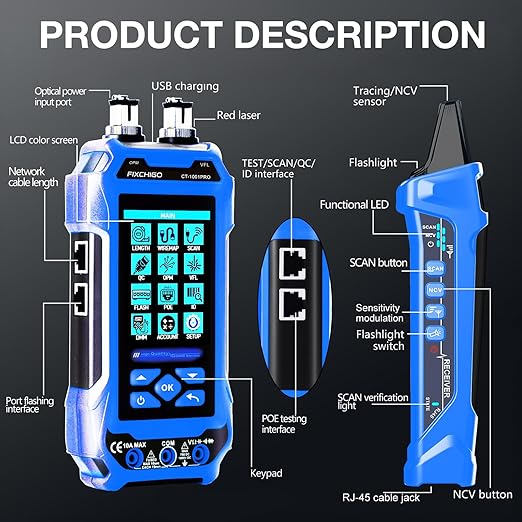 11 In 1 Network Cable Tester with 60000 Digit Multimeter 7 Wavelengths OPM 10Km/10mW VFL 600M Measurable Length 100 Records Tool Kit for CAT5 CAT6 Telephone Ethernet RJ11 RJ45 PoE Wire Tracer NCV,Blue