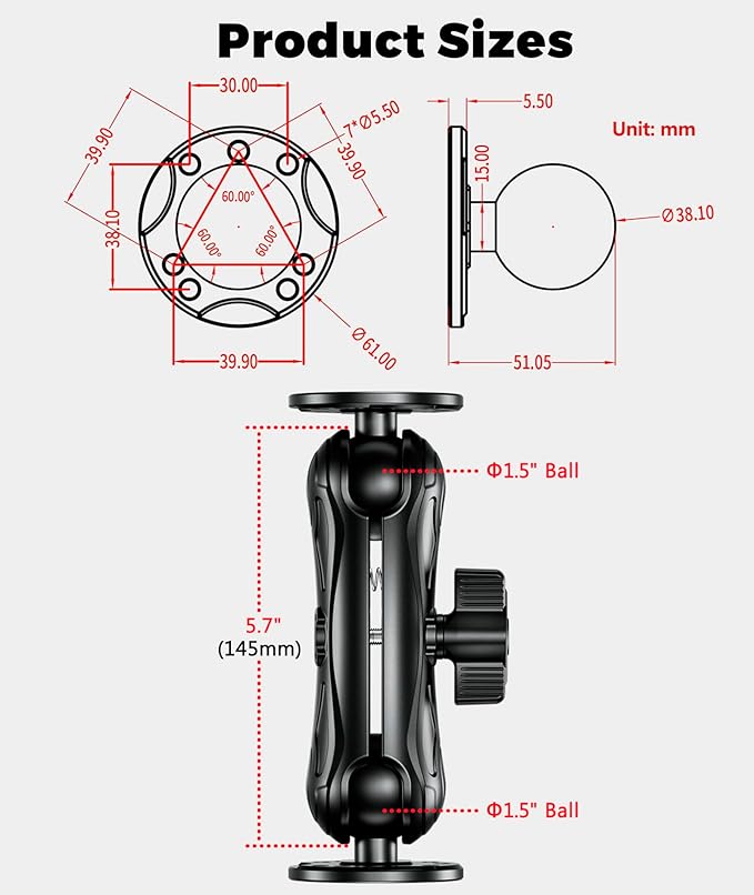 Aluminum Alloy Fish Finder Mount with 1.5" Ball AMPS Hole Round Plates, 5.7" Medium Arm Marine Electronic Mount Tablet Holder for Garmin, Lowrance, Humminbird, Raymarine and More