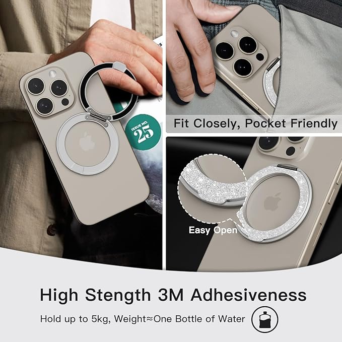 COOLQO 1Pc 360 Spin Cell Grip Ring Phone Stand [Upgrade Gear Hinge Stress Relief] Magnetic Holders for Your car Accessories Desk Mount Compatible with iPhone All Smartphone, Glitter Silver