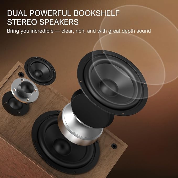 Wohome Vinyl Record Player with 66 Watt External Bookshelf Speakers, High Fidelity System Vintage Turntables for Vinyl Records with Magnetic Cartridge, Bluetooth Playback, RCA line Out and Auto Off