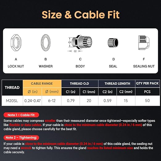 QILIPSU 50pcs M20SL Long Thread Cable Gland Waterproof IP68 Nylon Strain Relief Cord Grip Cable Pass Through Wire Connector