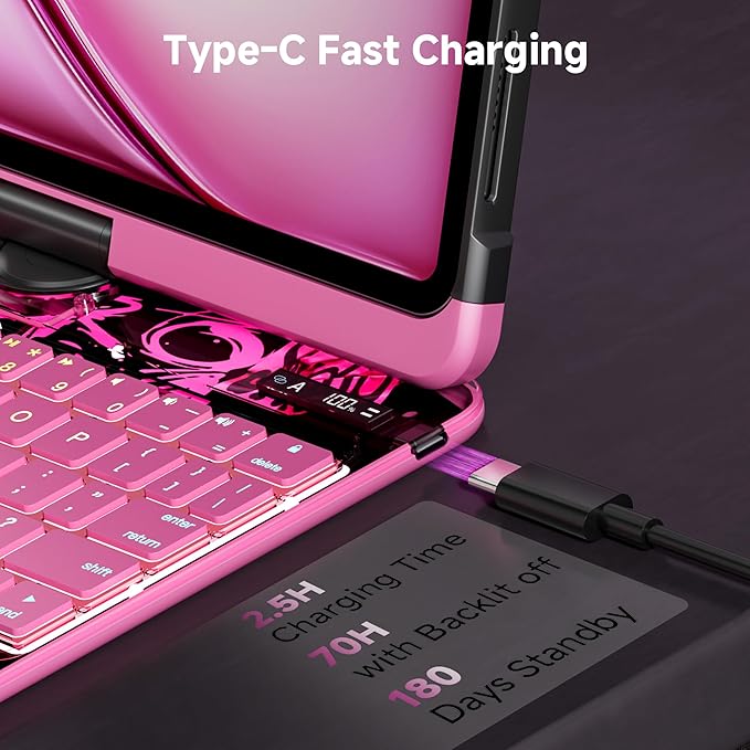 iPad Keyboard Case for 2024 M4 iPad Pro 13 inch, Magic Wireless Keyboard with Trackpad 7 Color Backlit, 360° Rotating Stand Transparent Protective Cover with Pencil Holder (Pink)