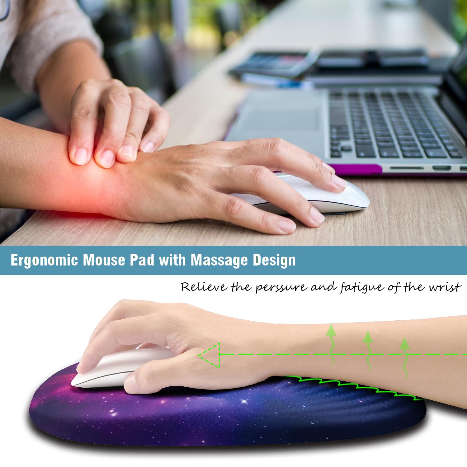 Armanza Ergonomic Mouse Pad Wrist Support, Mouse Pad with Wrist Rest, Entire Memory Foam & Non-Slip PU Base MousePads with Stepped-Wedge Design for Pain Relief, Desk, Office, Home, Galaxy