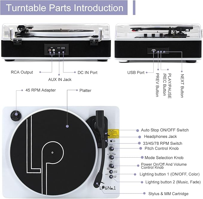 LP&No.1 Record Player with Built-in Stereo Speakers, LED Control, 3-Speed Belt-Drive Vinyl Turntable with USB Playback & Recording, Wireless BT Input & Output, Auto Stop, Pitch Control | White Pearl