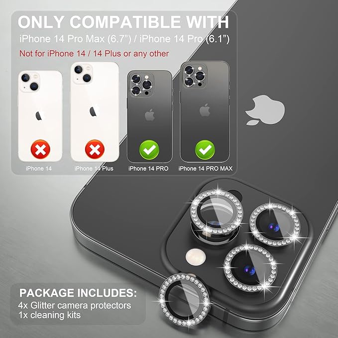 Choiche [3+1 for iPhone 14 Pro/iPhone 14 Pro Max Camera Lens Protector Bling, 9H Tempered Glass Camera Cover Screen Protector Metal Ring Decoration Accessories (Diamond-Black)
