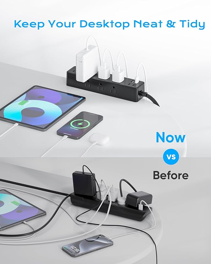 Flat Plug Desk Clamp Power Strip 10FT, 24W Total Charging Station, Desk Edge Mount Power Strip 9 AC Outlets 8 USB Ports Surge Protector, Fit 1.7" Tabletop Edge, Home Office Accessories