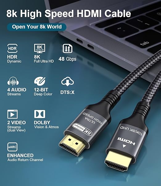 Certified 10K 8K HDMI 2.1 Cable 1.64 FT, 48Gbps Ultra High Speed HDMI Cable with Ethernet 4K 240Hz 165Hz 144Hz 120Hz 8K60Hz eARC HDCP2.3 HDR10+ PC Laptop TV Monitor Projector