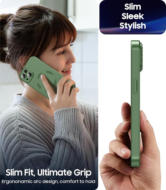 Magnetic for iPhone 15 Case [Compatible with MagSafe][Built-in Camera Lens Protector] Slim Soft Silicone Bumper Shockproof Metallic Shine Phone Case (Green)