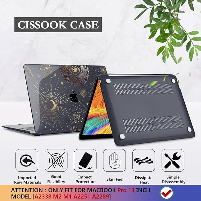 CISSOOK Case for MacBook Pro 13 Inch 2025-2020 Release Model M2 Chip A2338 M1 A2251 A2289, Black Style Hard Cover with Keyboard Cover for M2 MacBook Pro 13 with Touch Bar，Moon Star