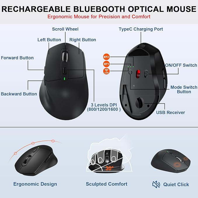 Ergonomic Wireless Keyboard Mouse Combo, MK835 Wave Keys Bluetooth/2.4G Split Design Ergo Keyboard with Cushioned Palm Rest, Multi-Device, Rechargeable, for Multi-OS, Windows/Mac/Android