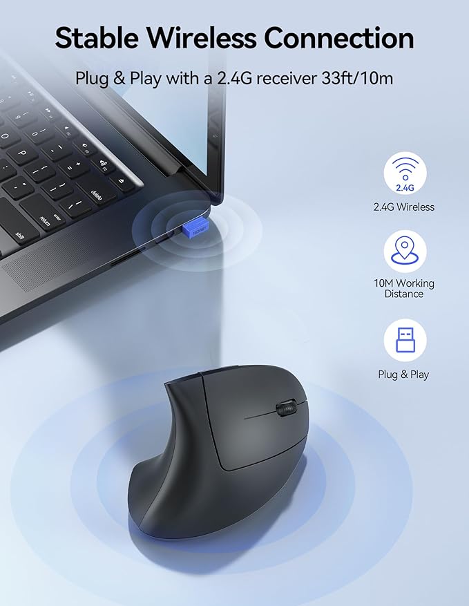 TECKNET Ergonomic Wireless Mouse, Rechargeable Mouse Wireless Silent for Carpal Tunnel Right Hand, 2.4GHz USB Vertical Mouse Wireless for Laptop, 5 Adjustable 4800 DPI, Computer, MacBook, Desktop