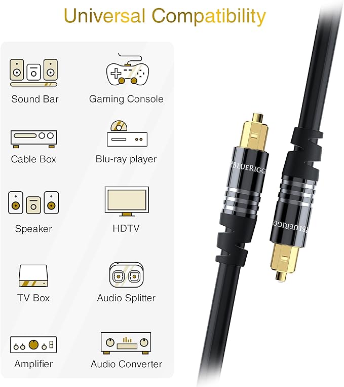 BlueRigger Digital Optical Audio Toslink Cable (35FT, Fiber Optic, Aluminum Shell, 24K Gold-Plated) - Compatible with Home Theatre, Sound Bar, TV, Xbox, PlayStation PS4 – Premium Series