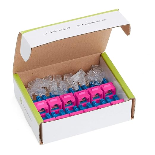 trueCABLE Cat6A Keystone Jack, Unshielded (UTP), 90 Degree Punch-Down, PoE++ (4PPoE), UL Listed, ETL Verified, ANSI/TIA Certified, Modular RJ45 Female, Pink, 12 Pack