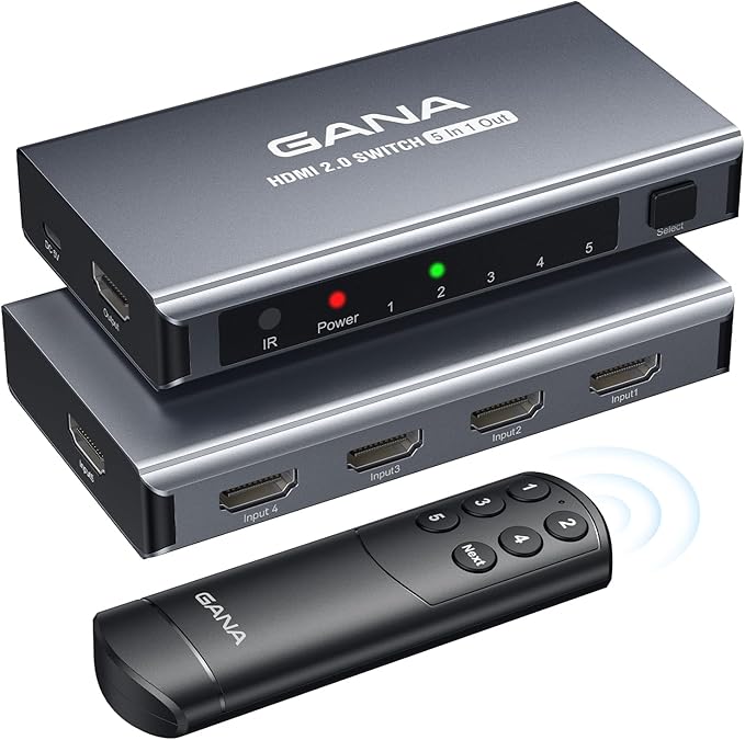 HDMI Switch 5 in 1 Out 4K@60Hz, GANA HDMI Splitter Switcher with Remote, Aluminum HDMI 2.0 Switch Box Hub for 3D, HDCP2.2, HDR, Compatible with Xbox, PS5/4/3,Fire Stick,Roku,Blu-Ray Player