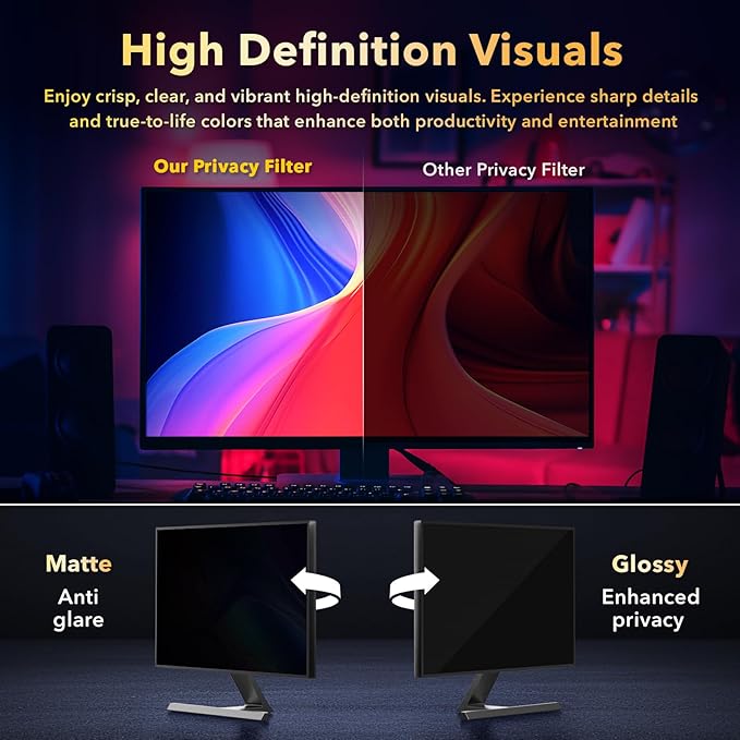 Magnetic Invisible Hidden Design Computer Privacy Screen Filter 24 Inch for Frameless Monitor 16:9 Aspect Ratio, Removable Anti Glare Blue Light Protector, Double Sided Reversible Eye Care 24in Film