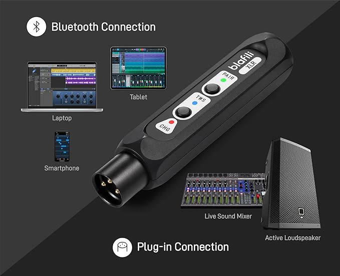 XLR Portable Bluetooth v5.1 Music Receiver, aptX HD aptX Low Latency AAC SBC TWS, Rechargeable Battery 10hrs Long Playtime, USB-C DAC for Mixing Console Desk, Audio Mixer, PA DJ System