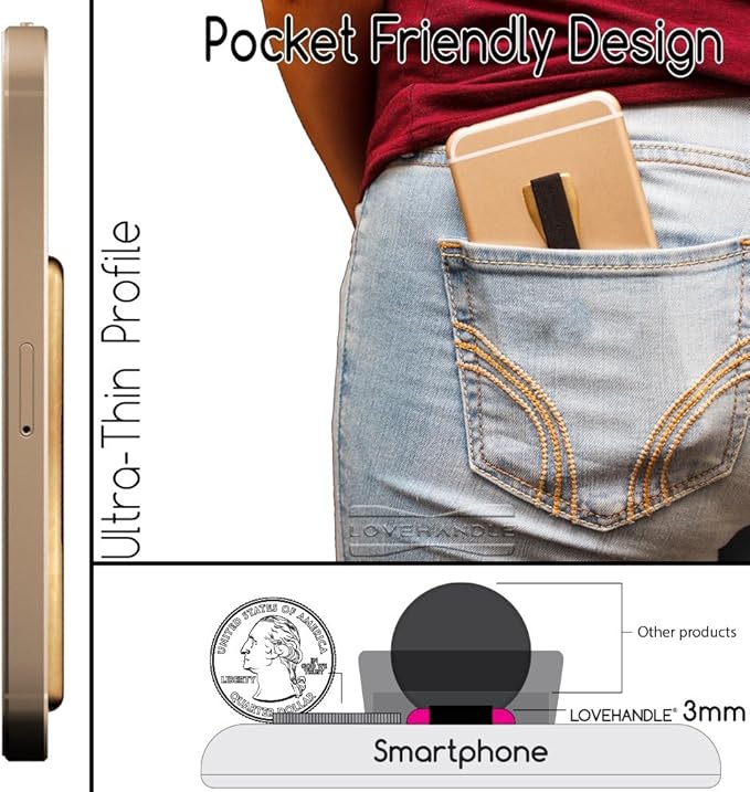 LOVEHANDLE Universal Phone Grip for Smartphones & Mini Tablets - Phone Holder for Hand - Wireless Charging Compatible - Made in The USA - Black Elastic Strap with Mauve Rose Base