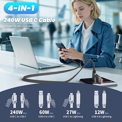 Travel Essentials 240W USB C Cable,4 in 1 Charging Cable Fast Charging Cords with E-Mark Chip,Multi USB Cable for iPhone 16 15 iPad MacBook Pro Air Samsung S25 Switch