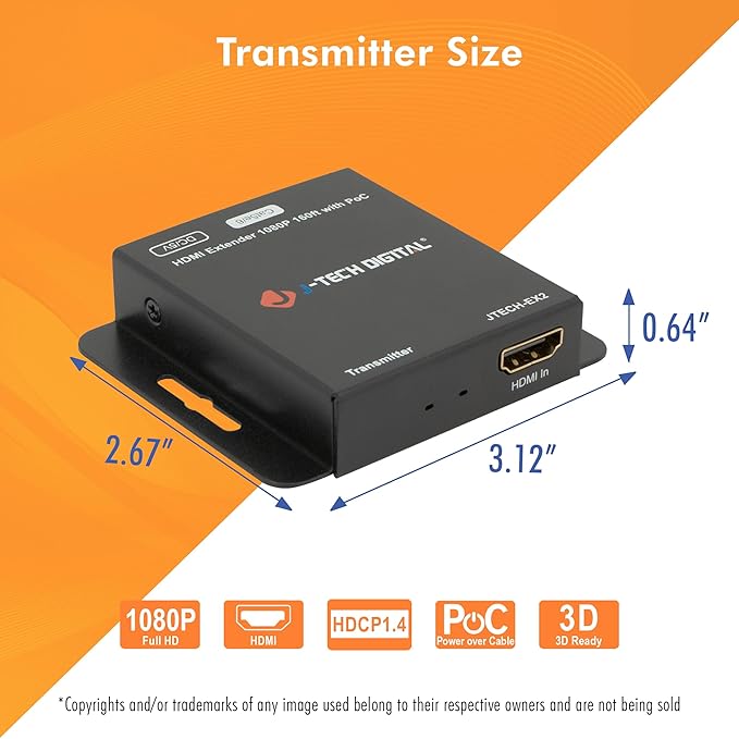 J-Tech Digital HDMI Extender Over Single Ethernet Cat5e/6/7 1080P Up to 1080P 160ft Support PoC 3D Digital Audio, Works with Laptop Desktop, Transmitter and Receiver [JTECH-EX2]