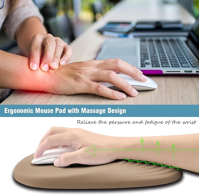 Ergonomic Mouse Pad Wrist Support, Mouse Pad with Wrist Rest, Entire Memory Foam & Non-Slip PU Base MousePads with Stepped-Wedge Design for Pain Relief, Desk, Office, Home, Beige