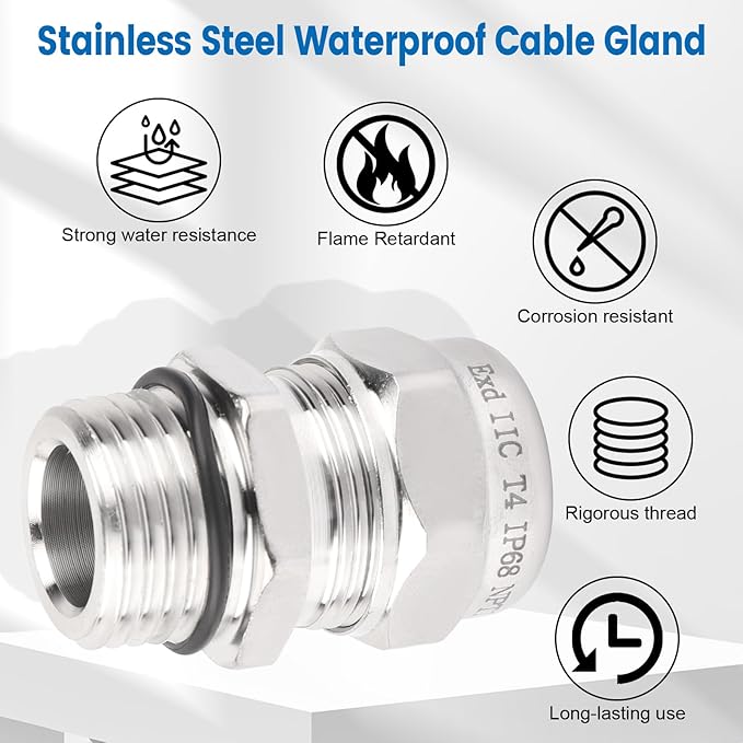 2 Pcs 1/2" NPT Stainless Steel Waterproof Cable Gland, IP68 Waterproof Adjustable Cable Glands, Strain Relief Cord Grip Connectors with Gaskets and Locknut for 6-12mm Cable Diameter