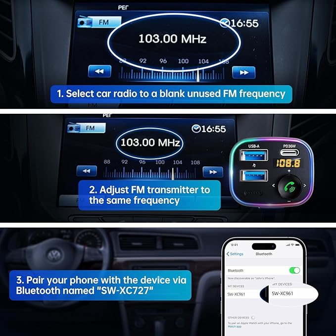Syncwire Bluetooth 5.4 FM Transmitter Car Adapter 48W (PD 36W & 12W) [Light Switch] [Hi-Fi Deep Bass] [Fast Charge] Wireless Radio Music Adapter LED Display Hands-Free Calling Support USB Drive