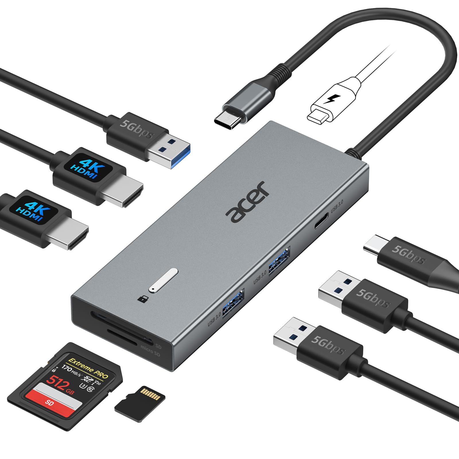 Acer USB C Docking Station Dual Monitor With 2 HDMI, 9-IN-1 Laptop Docking Station with 4K@60Hz HDMI, USB A&C 3.0, SD/Micro SD, 100W PD, USBC Dock Compatible with Acer/Dell XPS/HP/Mac/Surface (0.65FT)