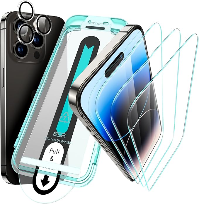 ESR for iPhone 14 Pro Max Screen Protector Set, 3 Tempered-Glass Screen Protectors and 1 Set of Camera Lens Protectors, Smooth Rounded Edges, Full-Coverage Military-Grade Protection, Scratch Resistant