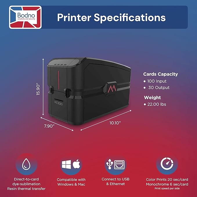 Bodno Matica MC320 Direct-to-Card Dual Sided ID Card Printer & Complete Supplies Package Silver Edition ID Software