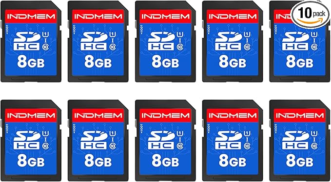 INDMEM SD Card 8GB, 10-Pack UHS-I Class 10 MLC Flash Memory Card, High-Speed Secure Digital Cards for Cameras, DSLR, Action Cams - Reliable Storage