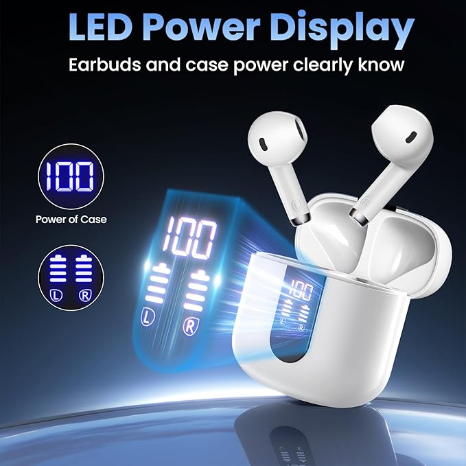 Wireless Earbuds, Bluetooth Headphones with Deep Bass Stereo, 48H Playback Ear Buds with LED Power Display Charging Case，Lightweight, IPX7, in-Ear Earphones with Mic for for Phone Tablet Laptop, White