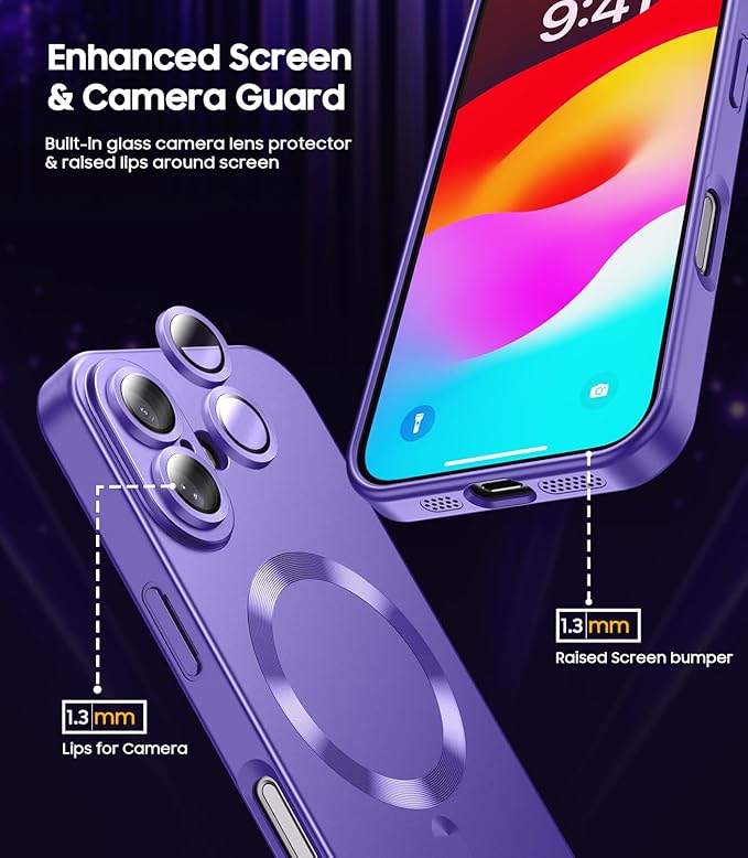 Magnetic for iPhone 16 Plus Case [Compatible with MagSafe][Built-in Camera Lens Protector] Slim Soft Silicone Bumper Shockproof Metallic Luster Phone Case (Purple)