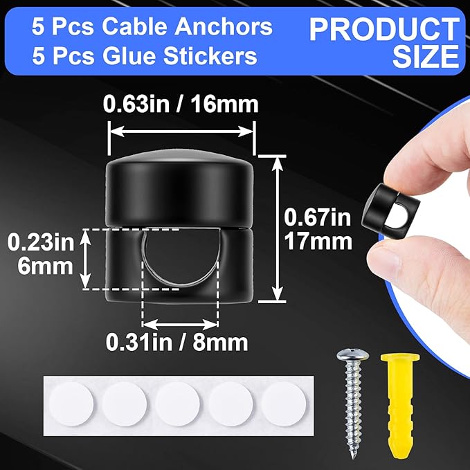 5 Sets Charger Holders for Cords, Matte Black Color Adjustable Cable Anchor Holders, Adhesive Metal Cord Clips, Cable Management Wire Organizers for Desk, Office, Nightstand