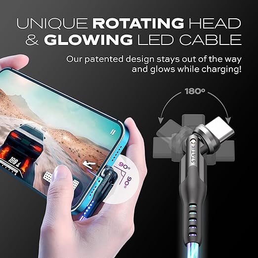 Statik 360 Pro Magnetic Charging Cable - Type C Charger Fast Charging 3 in 1 USB C to USB C Cable, Micro USB & iProduct Tips, USB A Adapter, Fits All Devices - 100W Fast Charger, GloBright 3FT/1M