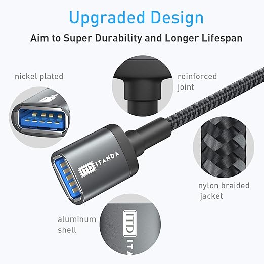 ITD ITANDA 6FT USB Extension Cable USB 3.0 Extension Cord Type A Male to Female 5Gbps Data Transfer for Keyboard, Mouse, PlayStation, Xbox, Flash Drive, Printer, Camera and More, Grey