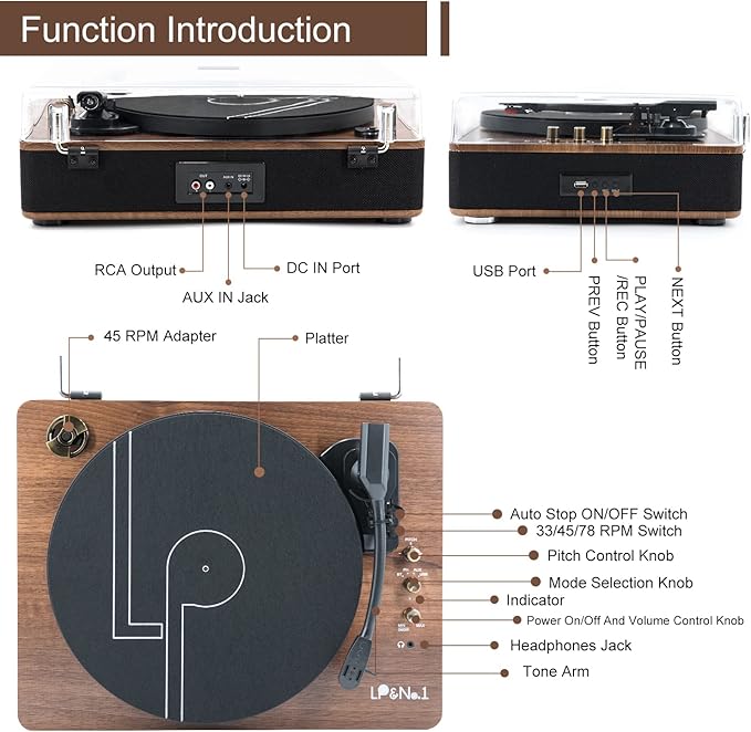 LP&No.1 Record Player with Stereo Speakers, 3-Speed Belt-Drive Turntable for Vinyl Records with Wireless Playback and Auto-Stop,Walnut Wood